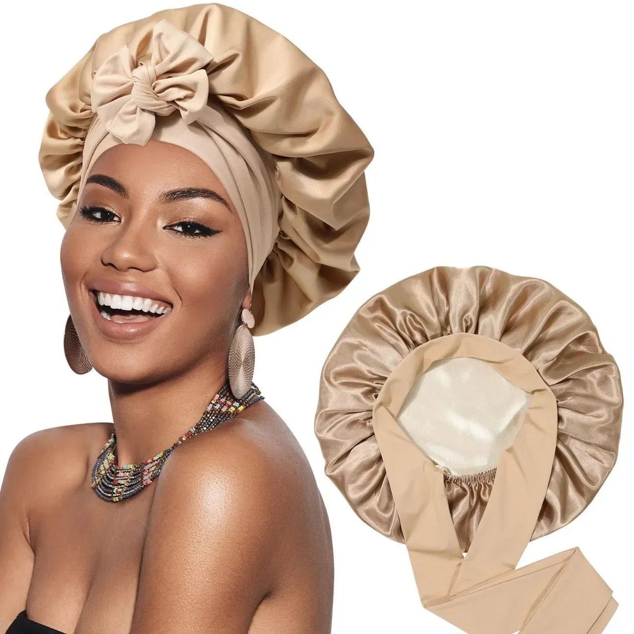 Woman wearing a gold satin bonnet with bow, plus close-up of matching hair bonnet